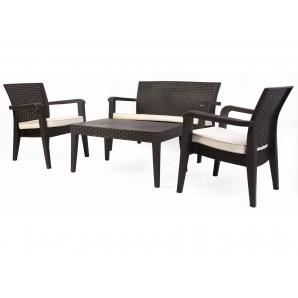 Conjunto alborán, 2 sillones + sofá 2 plazas + mesa, polipropileno chocolate, cojines incluidos