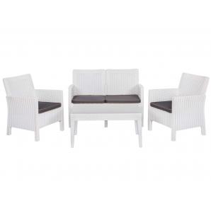 Set adriático, 2 sillones + sofá 2 plazas + mesa, polipropileno blanco, cojines incluidos