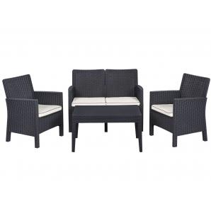 Set adriático, 2 sillones + sofá 2 plazas + mesa, polipropileno antracita, cojines incluidos