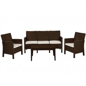 Set adriático, 2 sillones + sofá 3 plazas + mesa, polipropileno chocolate, cojines incluidos