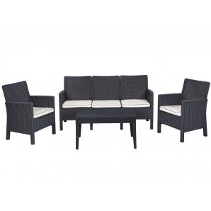 Set adriático, 2 sillones + sofá 3 plazas + mesa, polipropileno antracita, cojines incluidos