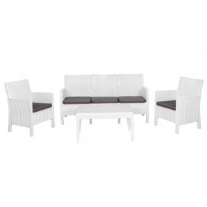 Set adriático, 2 sillones + sofá 3 plazas + mesa, polipropileno blanco, cojines incluidos