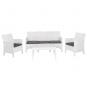 Set adriático, 2 sillones + sofá 3 plazas + mesa, polipropileno blanco, cojines incluidos