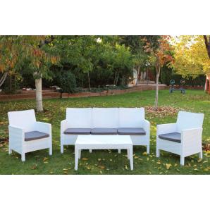 Set adriático, 2 sillones + sofá 3 plazas + mesa, polipropileno blanco, cojines incluidos