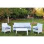 Set adriático, 2 sillones + sofá 3 plazas + mesa, polipropileno blanco, cojines incluidos