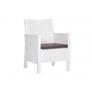 Set adriático, 2 sillones + sofá 3 plazas + mesa, polipropileno blanco, cojines incluidos