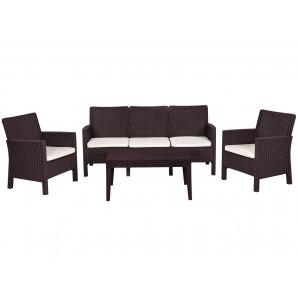 Set adriático, 2 sillones + sofá 3 plazas + mesa, polipropileno chocolate, cojines incluidos
