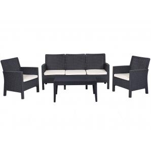 Set adriático, 2 sillones + sofá 3 plazas + mesa, polipropileno antracita, cojines incluidos