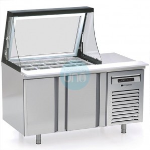 Mesa Fría de Trabajo con Cristal Elevable, 1,5 Metros Ancho, 2 Puertas, 15 Cubetas, Coreco PC80-150-15LGL