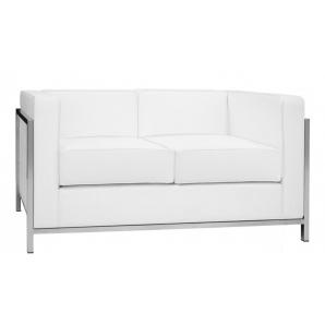 Sofá lobby, 2 plazas, acero inoxidable, similpiel blanca