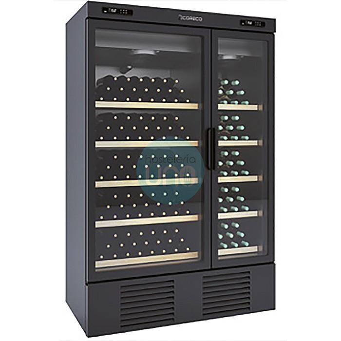 Armario Expositor de Vinos Vertical, 2 Zonas de Temperatura independientes, 216 Botellas, 2 Puertas Batientes, Coreco