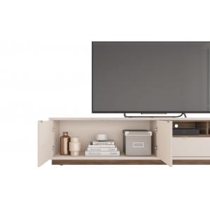 Mueble tv isis, blanco roto y nogal, 218 cms.