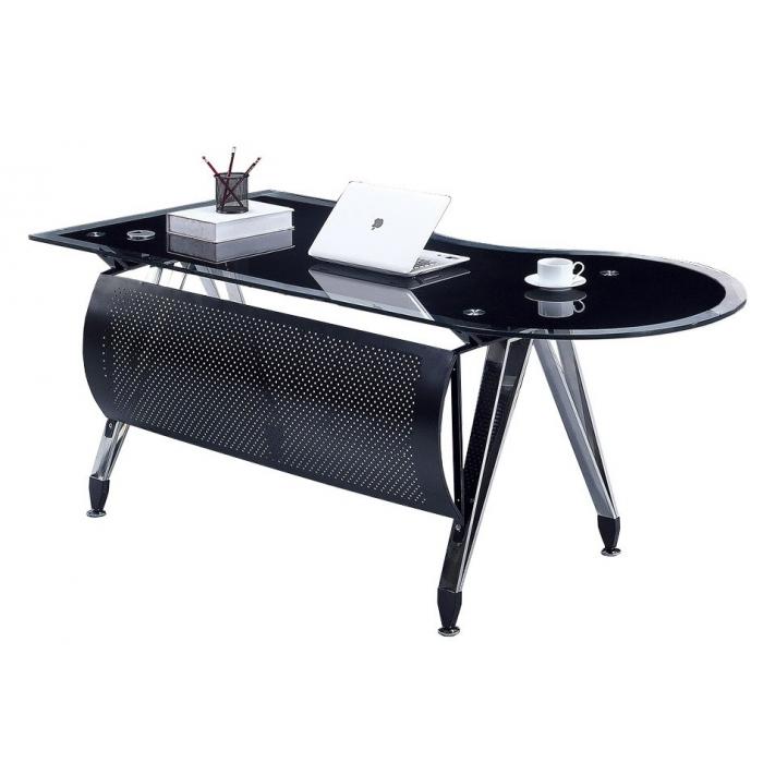 Mesa de oficina magna, forma a izquierda, vidrio templado negro, 180 x 85 cms