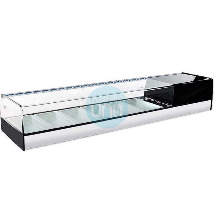 Vitrina de Tapas Refrigerada, 1,5 Metros, 6 Cubetas Melamina Blanca, Cristal Recto, Puertas Correderas, LED, VGMB6