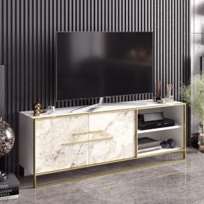 Mueble de tv siena, biiaminado mármol blanco con metal dorado, 160 cms.