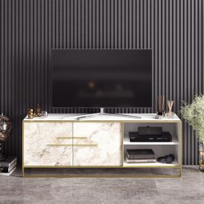 Mueble de tv siena, biiaminado mármol blanco con metal dorado, 160 cms.