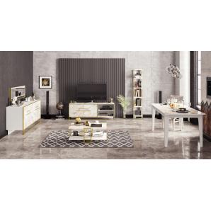 Mueble de tv siena, biiaminado mármol blanco con metal dorado, 160 cms.