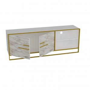 Mueble de tv siena, biiaminado mármol blanco con metal dorado, 160 cms.