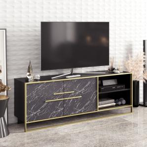 Mueble de tv siena, biiaminado mármol negro con metal dorado, 160 cms.