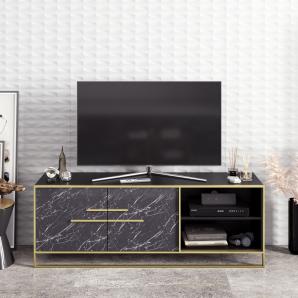 Mueble de tv siena, biiaminado mármol negro con metal dorado, 160 cms.