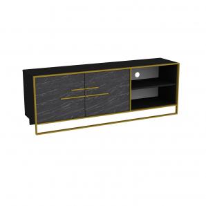 Mueble de tv siena, biiaminado mármol negro con metal dorado, 160 cms.