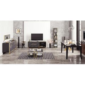 Mueble de tv siena, biiaminado mármol negro con metal dorado, 160 cms.