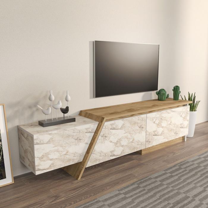 Mueble de tv prudence, biiaminado mármol blanco con roble, 180 cms.