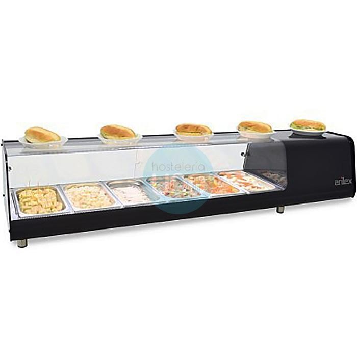 Vitrina de Tapas Refrigerada, 1,5 Metros Ancho, 6 Cubetas, Puertas Correderas, LED, AR6VTG Vision