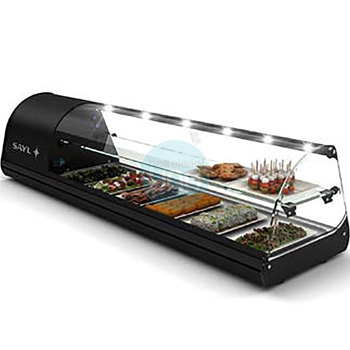 Vitrina Refrigerada para Tapas, 1,5 Metros, 6 Cubetas, Puertas Correderas, 2 Pisos, Cristal Curvo, Motor Izda, SAYL