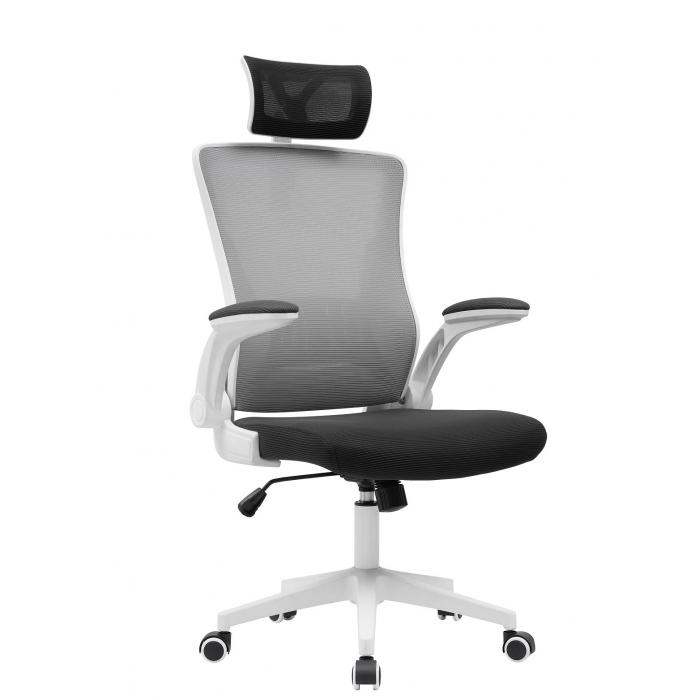 Sillón de oficina lauro, alto, blanco, malla gris, asiento negro