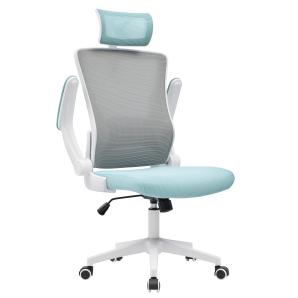 Sillón de oficina lauro, alto, blanco, malla gris, asiento azul