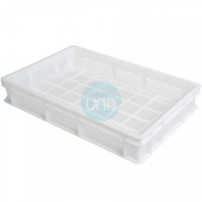 Caja Alimentaria Perforada Apilable 60x40 cm, Polietileno Blanco, Masa Pizza, 20 Litros, Fricosmos