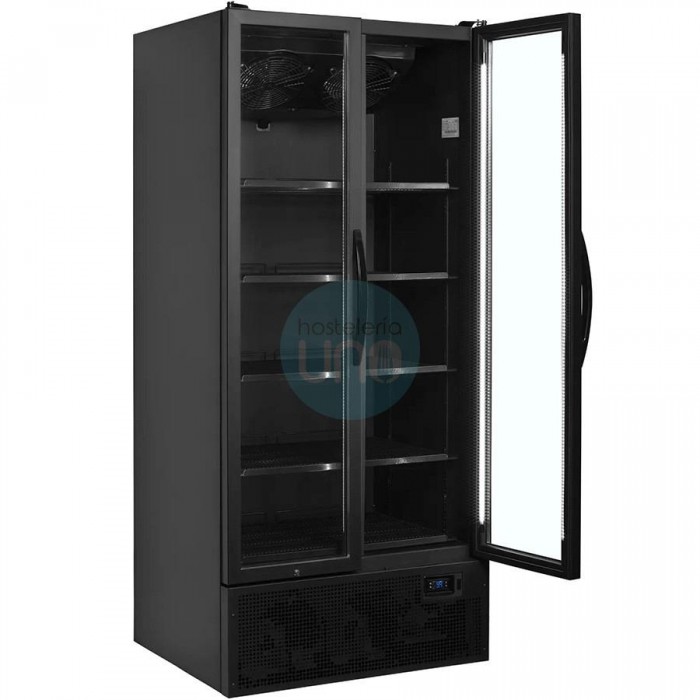 Armario Expositor Refrigerado Negro, 90 cm Ancho, Fondo 74 cm, 5 Estantes, Puertas Batientes Cristal, TEFCOLD