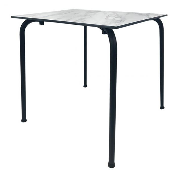 Mesa feray, apilable, epoxi color negro, tablero fenólico mármol blanco 69 x 69 cms.