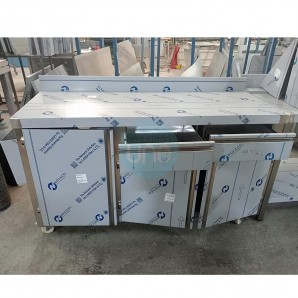 Mesa inoxidable 1,5 Metros Ancho, 3 Puertas, 2 Cajones, Peto Trasero, Ruedas, Soporte Rediuos, Bombona, MT15603/PE