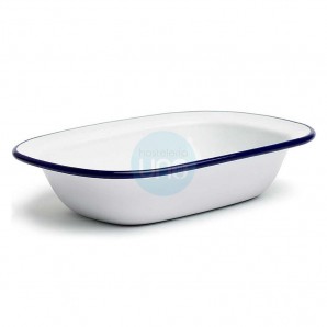 Cuenco Bol Rectangular 18x13x3,5 cm, Hierro Esmaltado Blanco con Borde Azul, Comas