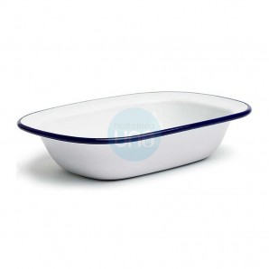 Cuenco Bol Rectangular Pequeño 16x12x3 cm, Hierro Esmaltado Blanco con Borde Azul, Comas