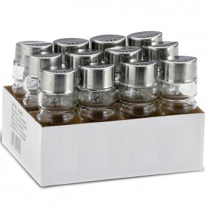 4 Cajas de 12 Saleros, Cristal con Tapa en Acero inoxidable, Altura 9 cm, Comas - 48 unidades