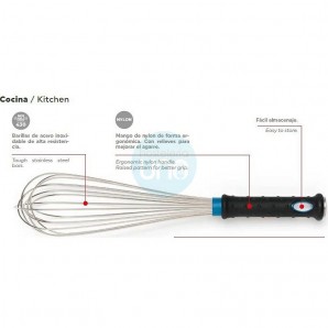 Batidor 8 Varillas, Longitud 35 cm, Varillas 22 cm, Mango Nylon, Acero inoxidable, Comas