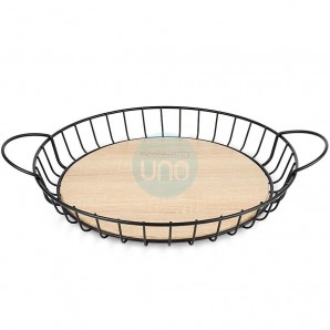 Frutero de Varillas Redondo Ø 40 cm Bajo, Altura 8 cm, Base Madera, Alambre Acero Negro Mate, Lacor