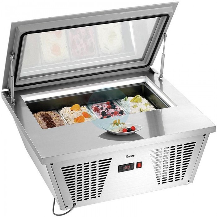 Vitrina Helados Sobremesa, 4 Cubetas de 6,5 Litros, Cristal Superior Abatible, Bartscher