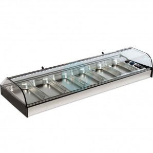 Vitrina Tapas Refrigerada, Motor Externo, 1,2 Metros, 6 Cubetas, Cristal Curvo, Puertas Abatibles, LED, VGF6INOX