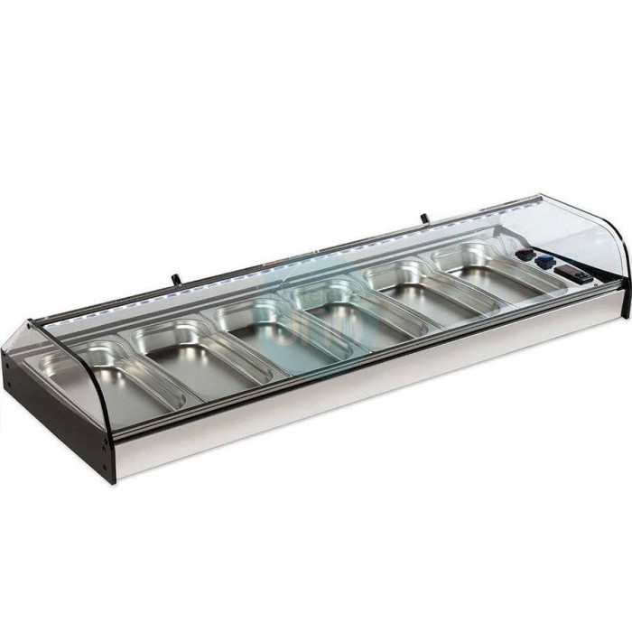 Vitrina Tapas Refrigerada, Motor Externo, 1,2 Metros, 6 Cubetas, Cristal Curvo, Puertas Abatibles, LED, VGF6INOX Vitrina Tapas Refrigerada, Motor Externo, 1,2 Metros, 6 Cubetas, Cristal Curvo, Puertas Abatibles, LED, VGF6INOX