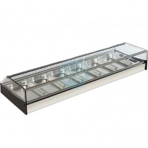 Vitrina Tapas Refrigerada, Motor Externo, 1,5 Metros, 8 Cubetas, Cristal Recto, Puertas Abatibles, LED, VGF8RINOX