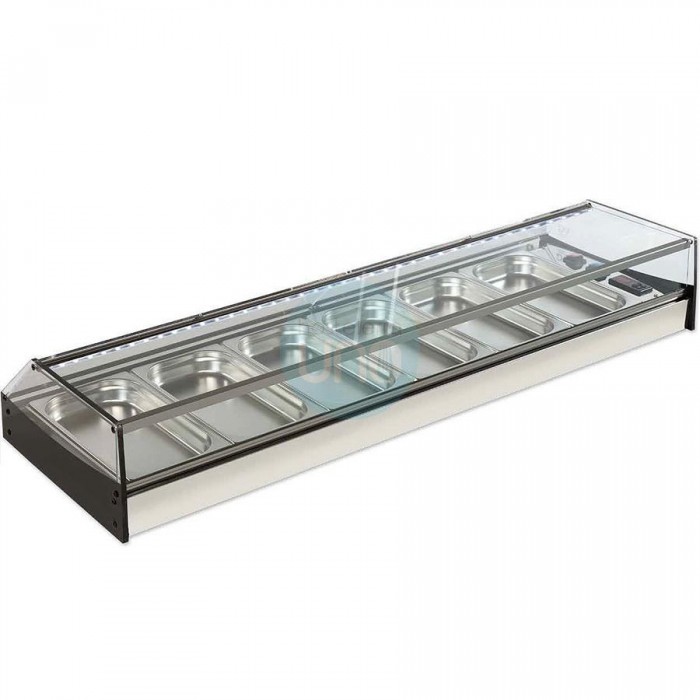 Vitrina Tapas Refrigerada, Motor Externo, 1,5 Metros, 8 Cubetas, Cristal Recto, Puertas Abatibles, LED, VGF8RINOX Vitrina Tapas Refrigerada, Motor Externo, 1,5 Metros, 8 Cubetas, Cristal Recto, Puertas Abatibles, LED, VGF8RINOX