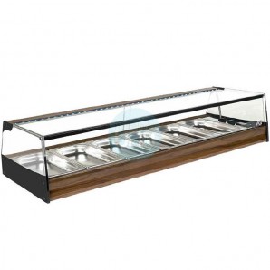Vitrina Tapas Refrigerada, Motor Externo, 1,2 Metros, 6 Cubetas, Cristal Recto, Puertas Correderas, LED, Nogal, VGFR6R