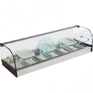 Vitrina Tapas Refrigerada, Motor Externo, 1,2 Metros, 6 Cubetas, Estante, Cristal Curvo, Puertas Correderas, LED, VGFR6E