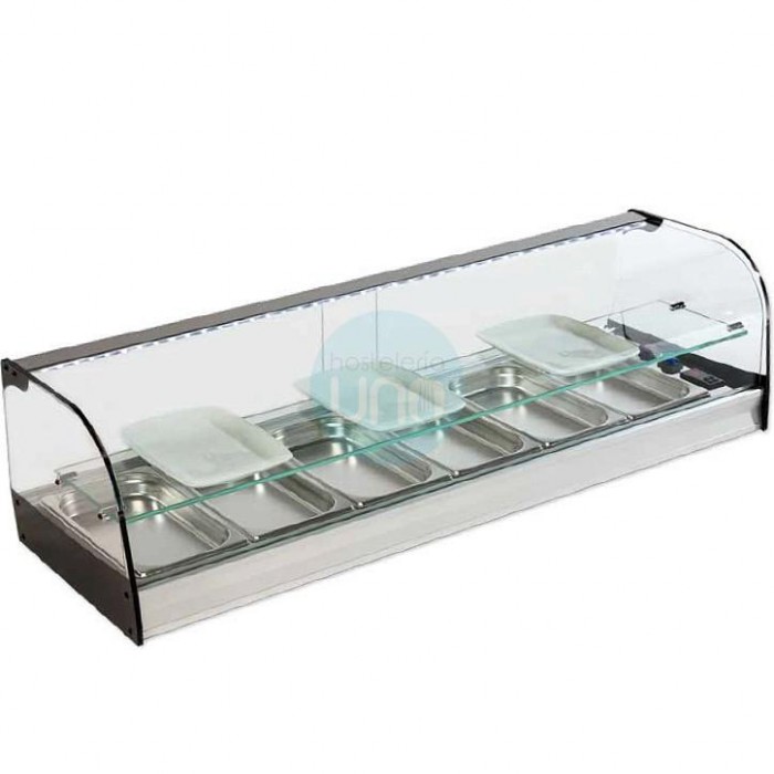 Vitrina Tapas Refrigerada, Motor Externo, 1,2 Metros, 6 Cubetas, Estante, Cristal Curvo, Puertas Correderas, LED, VGFR6E Vitrina Tapas Refrigerada, Motor Externo, 1,2 Metros, 6 Cubetas, Estante, Cristal Curvo, Puertas Correderas, LED, VGFR6E