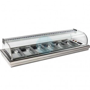 Vitrina Tapas Encastrable en Barra, Motor Externo, 1,5 Metros, 8 Cubetas, Cristal Curvo, Puertas Correderas, LED, VGMFR8