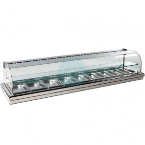 Vitrina Tapas Encastrable en Barra, 1,5 Metros, 8 Cubetas, Estante, Motor Externo, Cristal Curvo, Puertas, LED, VGMFR8E